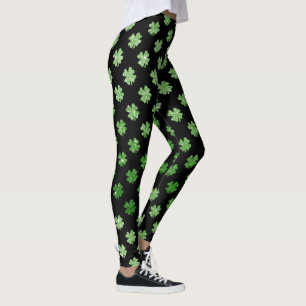 Custom Shamrock Pattern Irish Green on Black Leggings