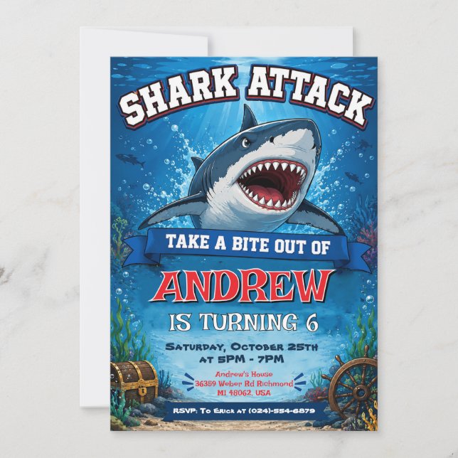 Custom Shark Attack Birthday Invitation (Front)