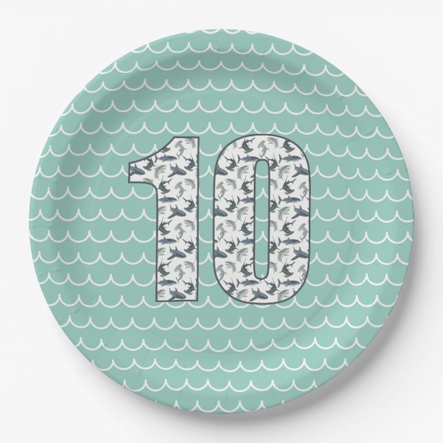 Custom Shark Birthday Plate | 10th Birthday | Sea (Front)