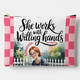 Custom She Works with Willing Hands Christian Accessory Pouch