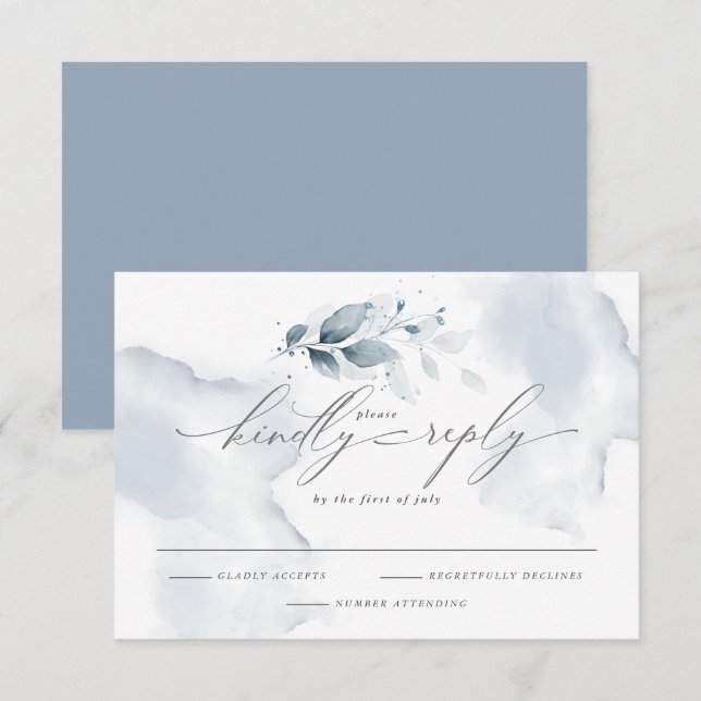Custom Shelby RSVP Watercolor Foliage Dusty Blue  Card (Front/Back)