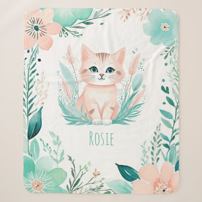 Custom Sherpa Baby Blanket - Boho Kitten Design (Front)