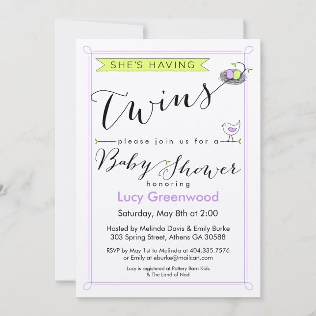 Custom She's Having Twins Baby Shower Invitation (Front)