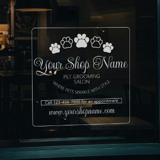 Custom Shop Name Pet Salon Business White Front Window Cling