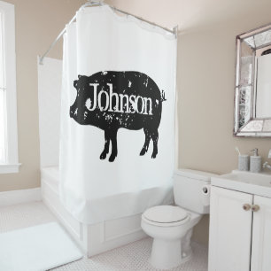 Custom shower curtain with black pig silhouette
