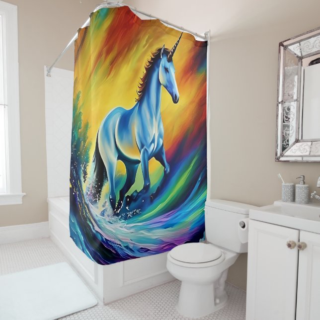 Custom Shower Curtains, Rainbow Unicorn Design Shower Curtain (In Situ)