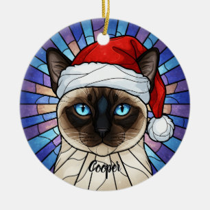 Custom Siamese Cat Santa Hat Stained Glass Ceramic Tree Decoration