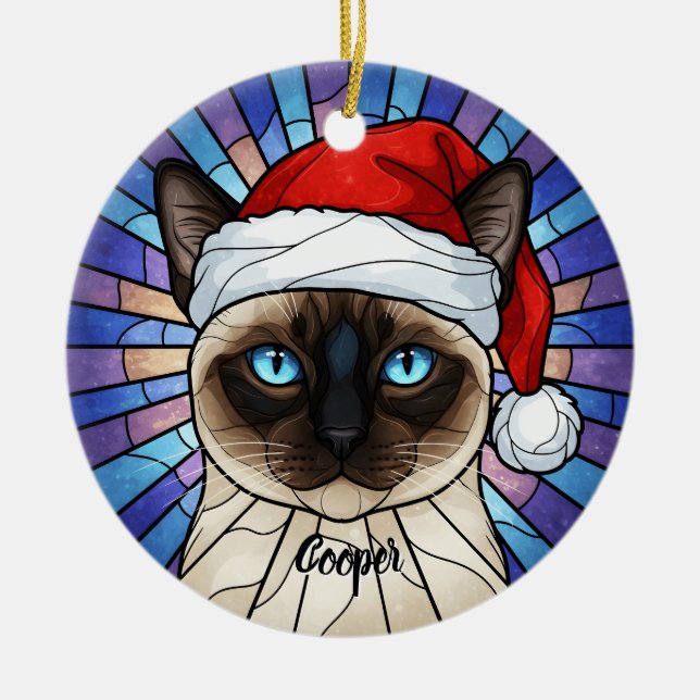 Custom Siamese Cat Santa Hat Stained Glass Ceramic Tree Decoration (Front)