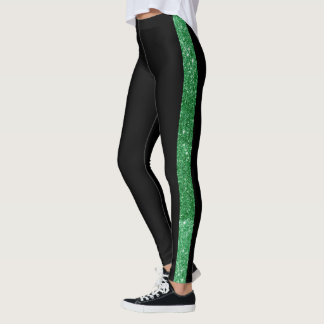 Custom Side Stripe Green Glitter Stripe on Black Leggings