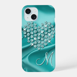 Custom Silk Waves Pattern Faux Diamonds Art Heart iPhone 15 Case