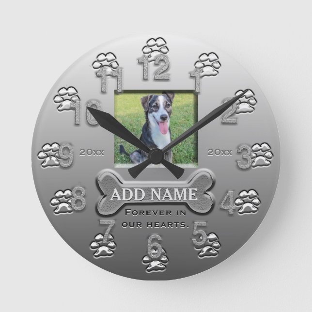 Custom Silver Dog Photo Memorial Round Clock (Front)