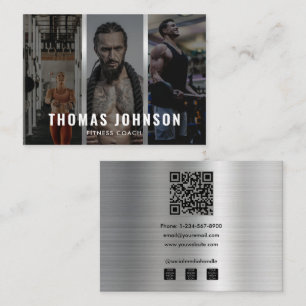 Custom Silver Fitness Coach Social Media 3 Photo Business Card