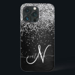 Custom Silver Glitter Black Sparkle Monogram iPhone 13 Pro Case<br><div class="desc">Easily personalise this trendy elegant phone case design featuring pretty silver sparkling glitter on a black brushed metallic background.</div>