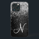 Custom Silver Glitter Black Sparkle Monogram iPhone 13 Pro Case<br><div class="desc">Easily personalise this trendy elegant phone case design featuring pretty silver sparkling glitter on a black brushed metallic background.</div>