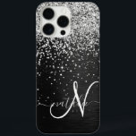 Custom Silver Glitter Black Sparkle Monogram iPhone 16 Pro Max Case<br><div class="desc">Easily personalise this trendy elegant phone case design featuring pretty silver sparkling glitter on a black brushed metallic background.</div>