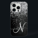 Custom Silver Glitter Black Sparkle Monogram iPhone 15 Pro Case<br><div class="desc">Easily personalise this trendy elegant phone case design featuring pretty silver sparkling glitter on a black brushed metallic background.</div>