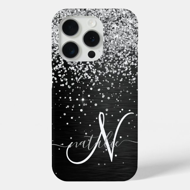 Custom Silver Glitter Black Sparkle Monogram Case-Mate iPhone Case (Back)
