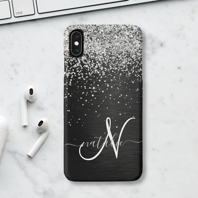 Custom Silver Glitter Black Sparkle Monogram Case-Mate iPhone Case (Creator Uploaded)