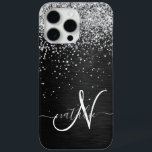 Custom Silver Glitter Black Sparkle Monogram iPhone 15 Pro Max Case<br><div class="desc">Easily personalise this trendy elegant phone case design featuring pretty silver sparkling glitter on a black brushed metallic background.</div>