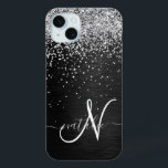 Custom Silver Glitter Black Sparkle Monogram iPhone 15 Mini Case<br><div class="desc">Easily personalise this trendy elegant phone case design featuring pretty silver sparkling glitter on a black brushed metallic background.</div>