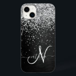 Custom Silver Glitter Black Sparkle Monogram Case-Mate iPhone 14 Plus Case<br><div class="desc">Easily personalise this trendy elegant phone case design featuring pretty silver sparkling glitter on a black brushed metallic background.</div>