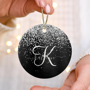 Custom Silver Glitter Black Sparkle Monogram Ceramic Tree Decoration