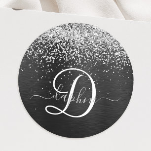 Custom Silver Glitter Black Sparkle Monogram Classic Round Sticker