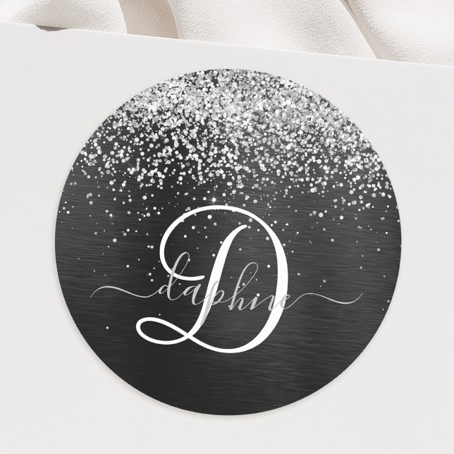 Custom Silver Glitter Black Sparkle Monogram Classic Round Sticker (Creator Uploaded)