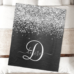 Custom Silver Glitter Black Sparkle Monogram Fleece Blanket