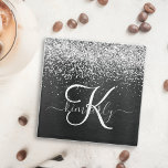 Custom Silver Glitter Black Sparkle Monogram Glass Coaster<br><div class="desc">Easily personalise this trendy elegant glass coaster design featuring pretty silver sparkling glitter on a black brushed metallic background.</div>