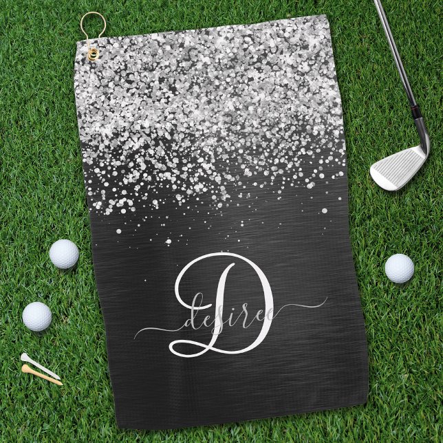 Custom Silver Glitter Black Sparkle Monogram Golf Towel (Creator Uploaded)