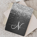 Custom Silver Glitter Black Sparkle Monogram iPad Air Cover<br><div class="desc">Easily personalise this trendy elegant iPad cover design featuring pretty silver sparkling glitter on a black brushed metallic background.</div>