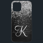 Custom Silver Glitter Black Sparkle Monogram iPhone 12 Pro Max Case<br><div class="desc">Easily personalise this trendy elegant phone case design featuring pretty silver sparkling glitter on a black brushed metallic background.</div>