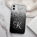 Custom Silver Glitter Black Sparkle Monogram iPhone 14 Case<br><div class="desc">Easily personalise this trendy elegant phone case design featuring pretty silver sparkling glitter on a black brushed metallic background.</div>