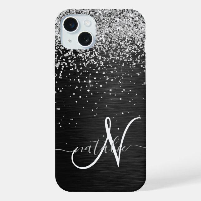 Custom Silver Glitter Black Sparkle Monogram iPhone Case (Back)