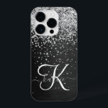 Custom Silver Glitter Black Sparkle Monogram iPhone 14 Pro Case<br><div class="desc">Easily personalise this trendy elegant phone case design featuring pretty silver sparkling glitter on a black brushed metallic background.</div>
