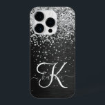 Custom Silver Glitter Black Sparkle Monogram iPhone 14 Pro Case<br><div class="desc">Easily personalise this trendy elegant phone case design featuring pretty silver sparkling glitter on a black brushed metallic background.</div>