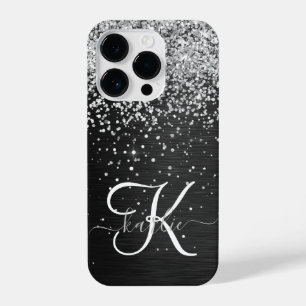 Custom Silver Glitter Black Sparkle Monogram iPhone 14 Pro Case
