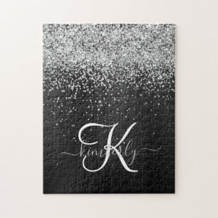 Custom Silver Glitter Black Sparkle Monogram Jigsaw Puzzle