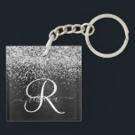 Custom Silver Glitter Black Sparkle Monogram Key Ring<br><div class="desc">Easily personalise this trendy elegant keychain design featuring pretty silver sparkling glitter on a black brushed metallic background.</div>