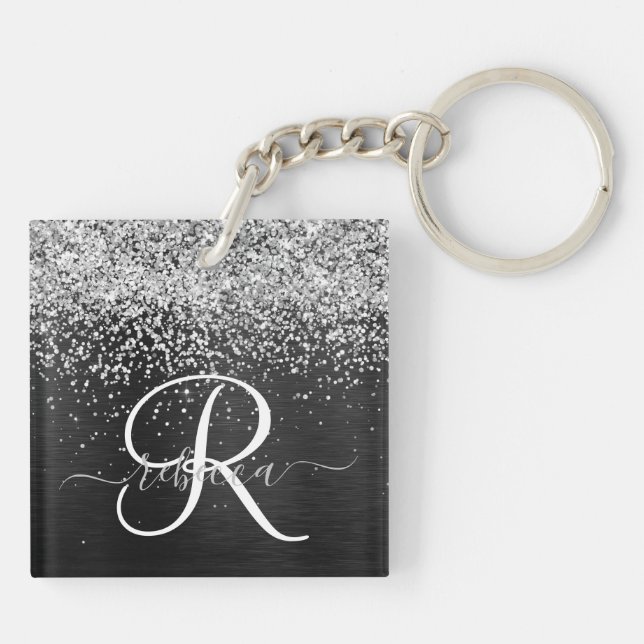 Custom Silver Glitter Black Sparkle Monogram Key Ring (Back)