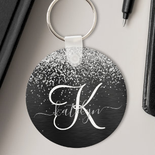 Custom Silver Glitter Black Sparkle Monogram Key Ring