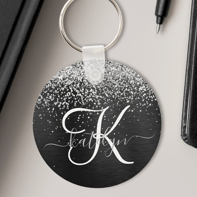 Custom Silver Glitter Black Sparkle Monogram Key Ring (Creator Uploaded)