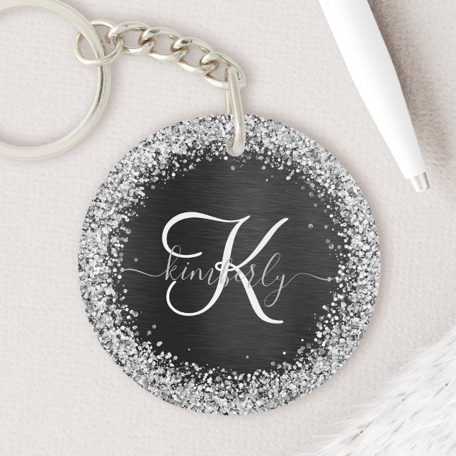 Custom Silver Glitter Black Sparkle Monogram Key Ring (Creator Uploaded)