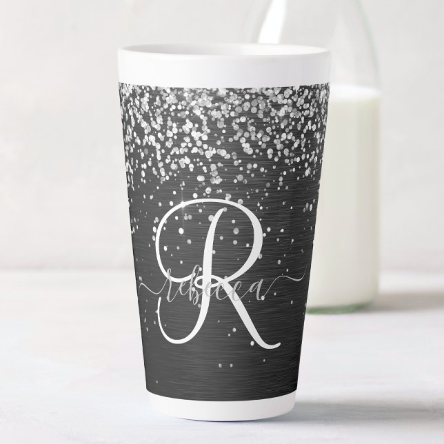 Custom Silver Glitter Black Sparkle Monogram Latte Mug (Creator Uploaded)