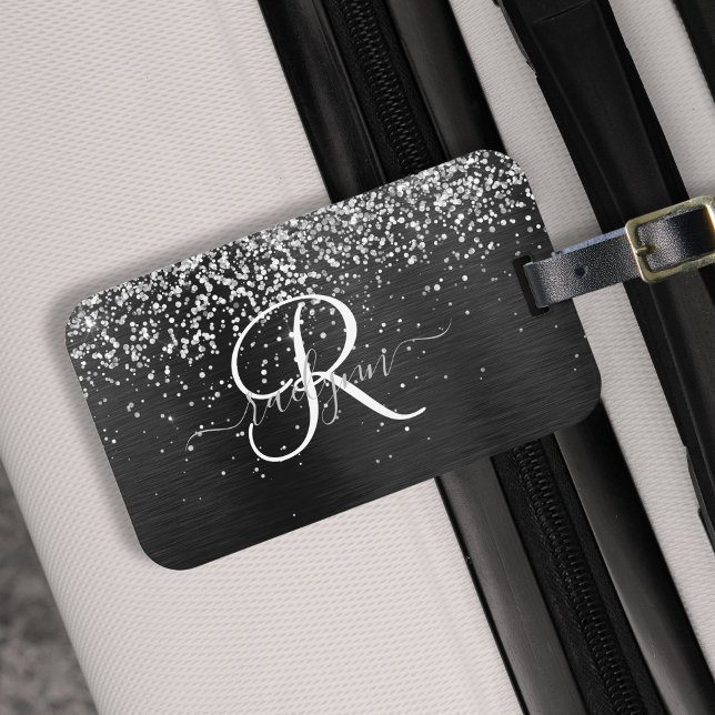Custom Silver Glitter Black Sparkle Monogram Luggage Tag (Creator Uploaded)