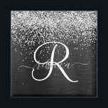Custom Silver Glitter Black Sparkle Monogram Magnet<br><div class="desc">Easily personalise this trendy elegant magnet design featuring pretty silver sparkling glitter on a black brushed metallic background.</div>