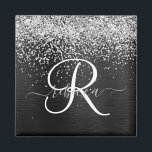 Custom Silver Glitter Black Sparkle Monogram Magnet<br><div class="desc">Easily personalise this trendy elegant magnet design featuring pretty silver sparkling glitter on a black brushed metallic background.</div>