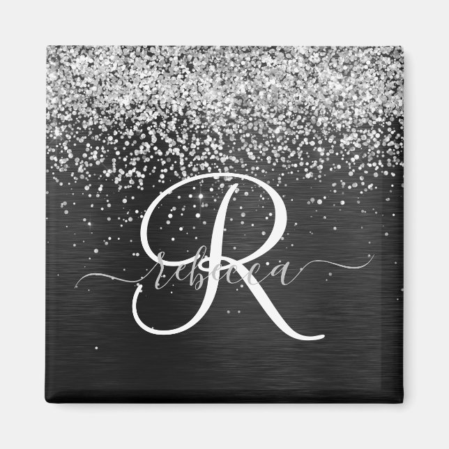 Custom Silver Glitter Black Sparkle Monogram Magnet (Front)