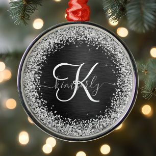 Custom Silver Glitter Black Sparkle Monogram Metal Tree Decoration
